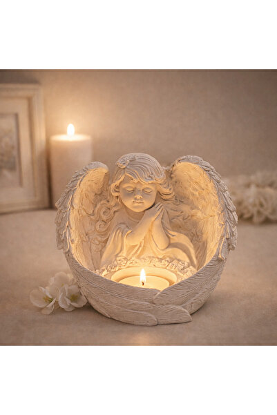 MİREVA Melek Figürlü Tealight Mumluk, Taş Döküm, 13x15 cm, Dekoratif Dilek Tu...
