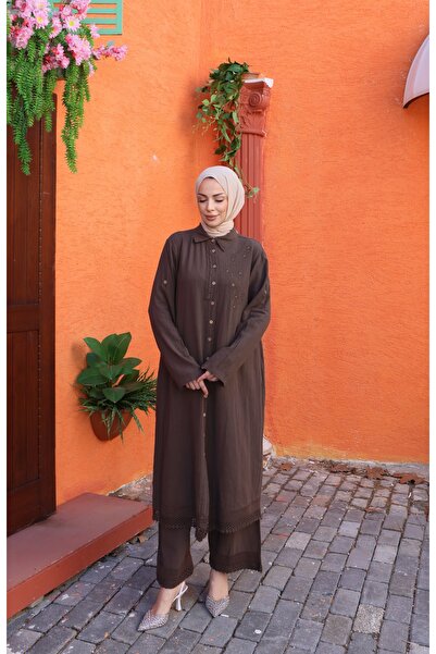 MODAMÜNASİP Σετ από 100% βαμβακερό λινό με λεπτομέρεια κεντήματος με κορδόνια