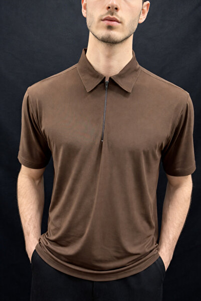 Cansay Giyim Men's Polo Collar Zippered T-Shirt with Textured Fabric Navy Blu...