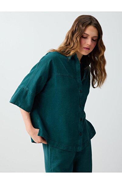 Jimmy Key Σκούρο πράσινο υφαντό πουκάμισο με άνετη εφαρμογή και μανίκια τριών...