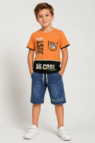 İrem Çocuk Giyim تي شيرت للأولاد بتصميم Be Cool مع شورت جينز باللون البرتقالي...