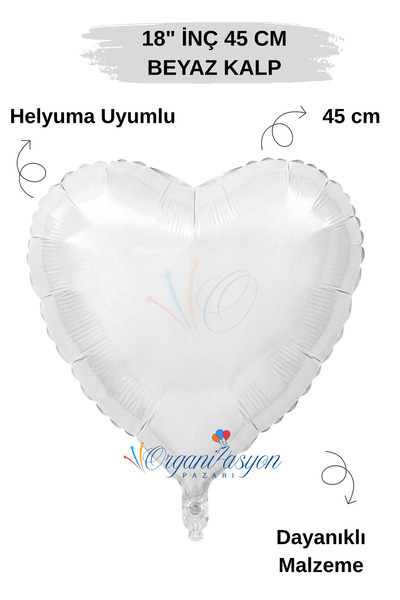 Organizasyon Pazarı 18 Inch 45cm White Heart Foil Balloon |   Helium Compatib...