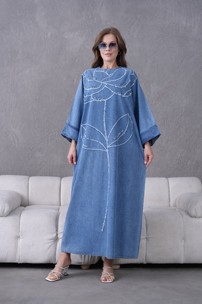 Miss Allos Women's Wide-Fit Long Denim Dress with Embroidered Flowers and Sto...