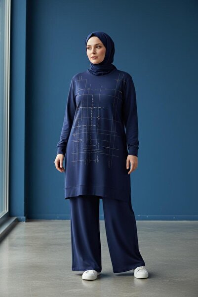 BELİN طقم ملابس قطنية كبيرة الحجم مزينة بالأحجار ومرنة من الأعلى إلى الأسفل