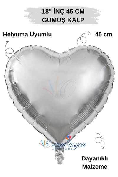 Organizasyon Pazarı 18 inç 45cm Gümüş Kalp Folyo Balon | Silver Kalp Folyo Ba...