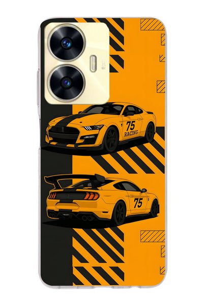 FLAMENKO Realme C55 Compatible Yellow Racing Car Pattern Transparent Phone Case