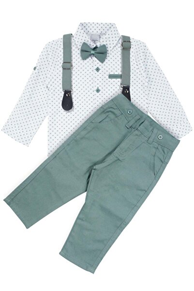 bebegen Boy's White Mint Green Square Patterned Shirt with Bow Tie and Suspen...