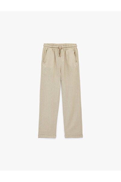 Koton Linen and Viscose Blend Comfortable Cut Basic Trousers with Tie Waist