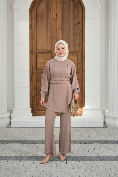 LOCCO Women's Gold Snap Belted Pants Suit Stone