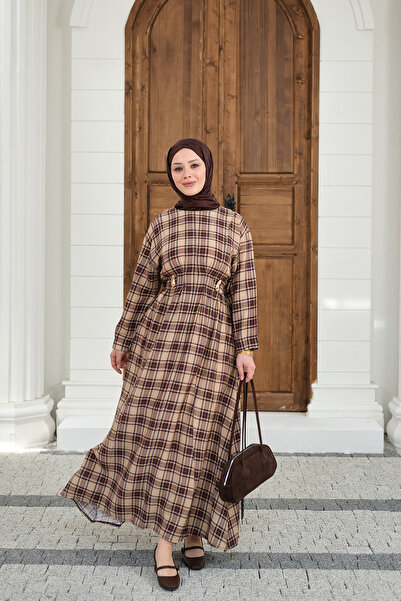 LOCCO Women's Plaid Pattern Bronchus Detail Back Tie Dress Mink