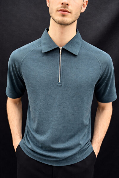 Cansay Giyim Men's Tencel Tiril Fabric Polo Collar Zipper T-Shirt Green and I...