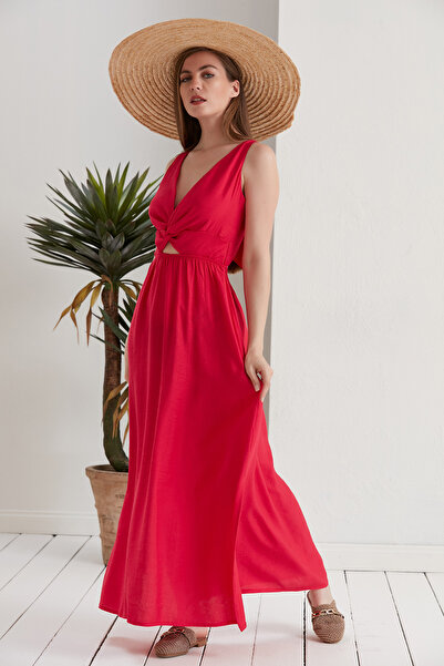 MONAMORE Γυναικείο φούξια φόρεμα με δέσιμο μπροστά και πίσω, με σχισμές στα π...