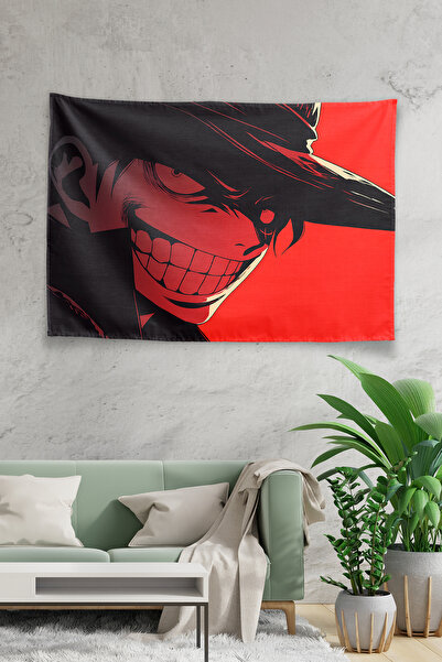 Vagonik Λούφι Ψάθινο Καπέλο Σιλουέτα Χαμόγελου Κόκκινο Φόντο