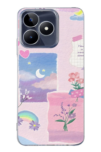 FLAMENKO Realme Note 50 4g Compatible Pastel Floral Moon and Rainbow Pattern ...