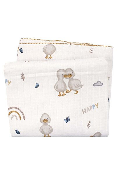 bebegen Unisex Ecru Mustard Piping Happy Duck Patterned Pique Muslin Blanket ...