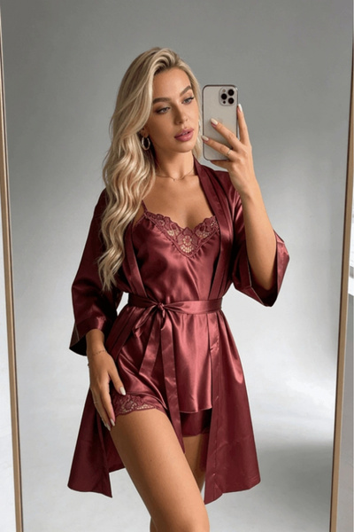 Gece İncisi Σατέν Δαντελένιο Σετ Ρόμπας με Σορτς