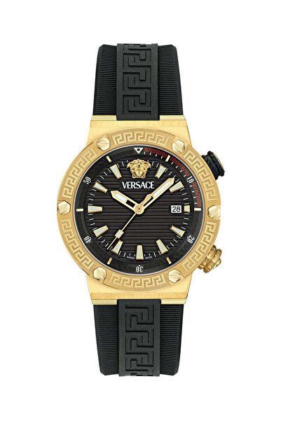 Versace Greca Logo DIVER Black Dial Black Strap Swiss Movt Gold Watch - VE8G0...