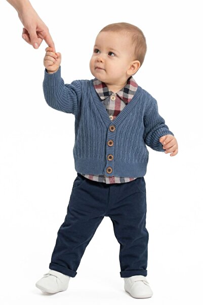 bebegen Baby Boy Plaid Shirt and Navy Blue Knitwear Cardigan Triple Luxury Set