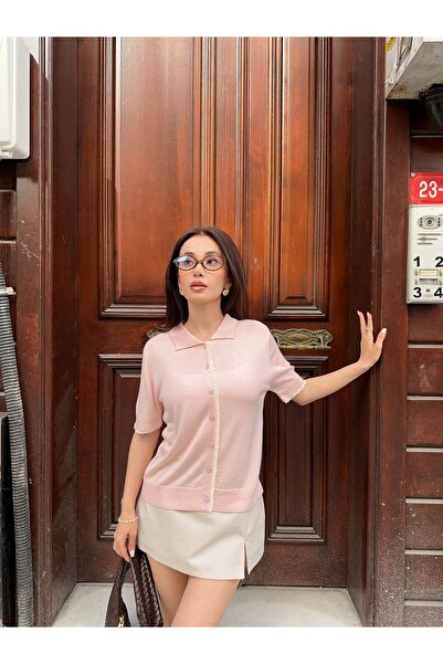 yeditepe fashion Κοντομάνικη ζακέτα πόλο με δαντέλα και λεπτομέρειες από βισκόζη