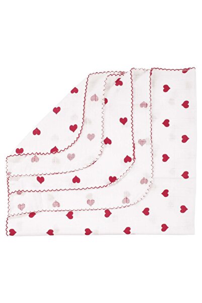 bebegen Baby Girl Ecru Red Heart Patterned Single Layer Muslin Blanket with R...