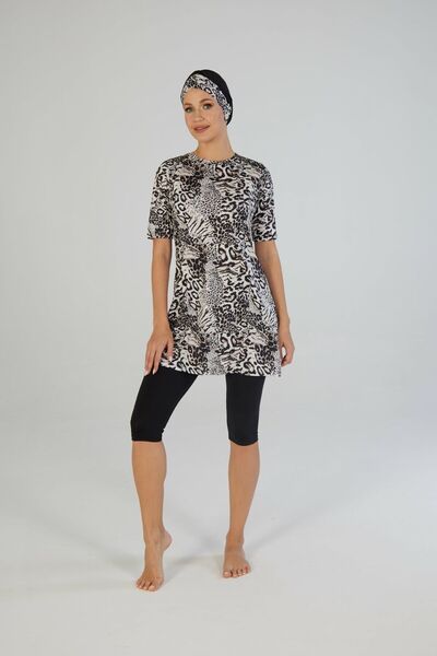 Estiva Safari Patterned Short Sleeve Tights Hijab Swimsuit
