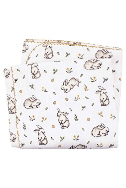 bebegen Baby Girl Ecru Mustard Ribbed Rabbit Patterned Pique Muslin Blanket 1...