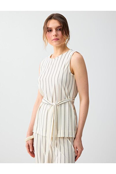 Jimmy Key Εκρού Πλεκτή Μπλούζα με Άνετη Γραμμή, Λαιμόκοψη Ποδηλάτου, Ριγέ, Αμ...