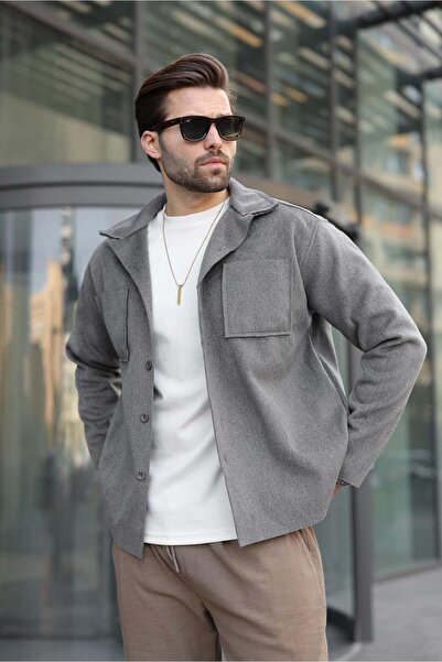 Madmext Ανδρικό πουκάμισο φλις βασικής γραμμής με τσέπες ανθρακί E6764