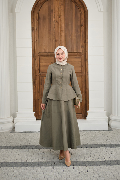 LOCCO Γυναικείο Σετ Φούστας με Λεπτομέρεια Ραφής και Κουμπώματα, Πράσινο