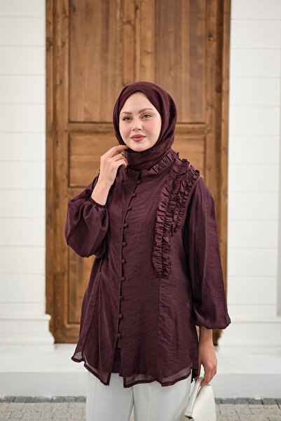 LOCCO Γυναικείο πουκάμισο με γιακά και κορδόνι σε χρώμα μπορντό