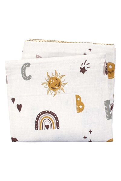 bebegen Unisex Ecru Mustard Heart Rainbow Patterned Pique Muslin Blanket 100X...