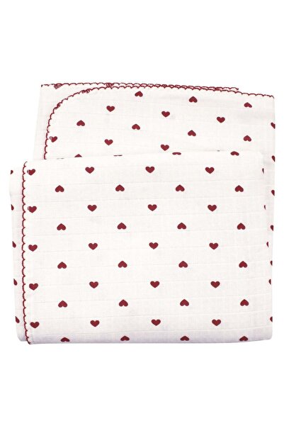 bebegen Baby Girl Ecru Red Piping Heart Patterned Pique Muslin Blanket 100X100Cm