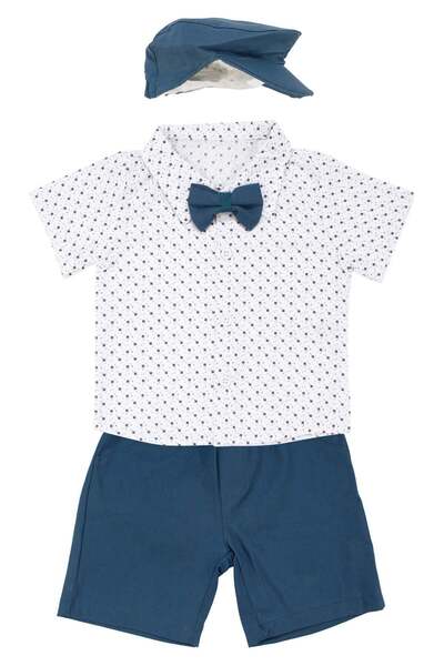 bebegen Baby Boy White Blue Patterned Shirt, Hat, Bow Tie and Shorts Set