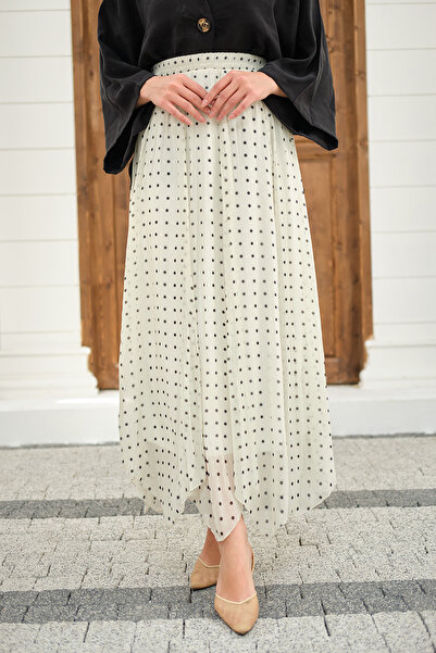 LOCCO Γυναικεία φούστα σιφόν με λεπτομέρεια πουά και δαντέλα στο πλάι, λευκή