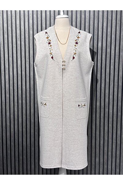 Özenli Triko Ατσάλινο πλεκτό γιλέκο με 3 κουμπιά, πολύχρωμο κέντημα λουλουδιώ...
