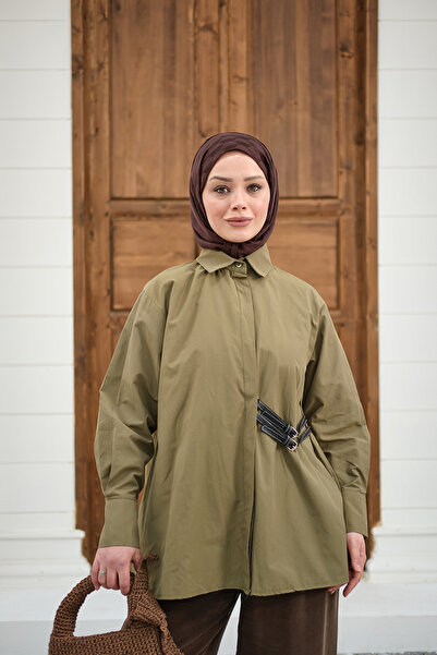 LOCCO Γυναικείο πουκάμισο με διπλή ζώνη και λεπτομέρειες σε πράσινο χακί