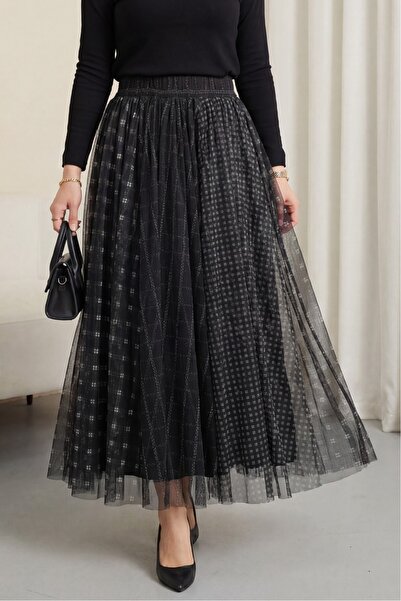 Modamorfo Square pattern elastic waist lined tulle skirt - black