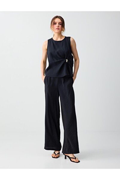 Jimmy Key Μαύρο υφαντό παντελόνι με λεπτομέρεια τσέπης, ελαστική μέση και καν...