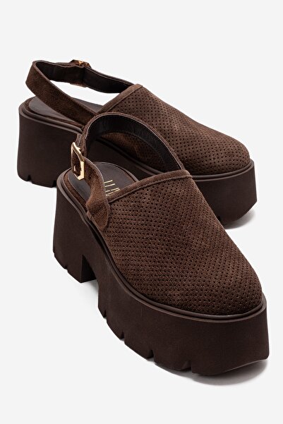 CALDRIS Brown Suede Genuine Leather Indoor Thick Platform Based Women's Sandals