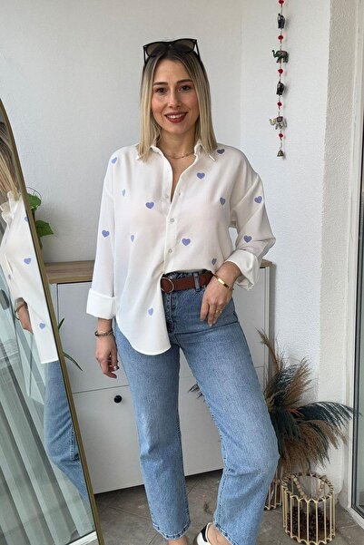 Mivida Cămașă din in cu mânecă lungă și broderie albastră în formă de inimă pe față