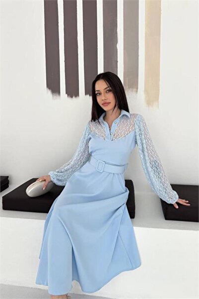 Neşeli Butik Women's Baby Blue Shirt Collar Transparent Top Detailed Belted M...