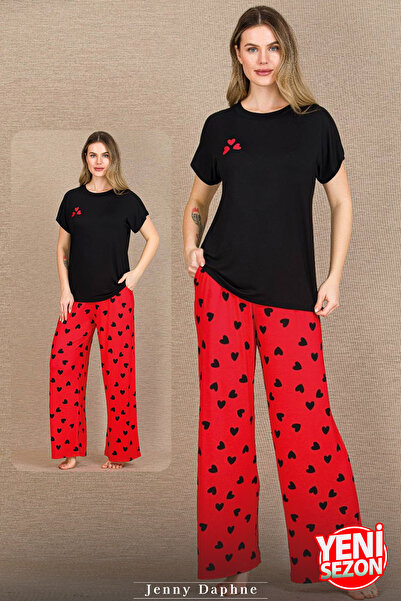 Jenny Daphne Σετ πιτζάμες με σχέδιο καρδιές, φαρδιά μπατζάκια, μαύρο κοντομάν...