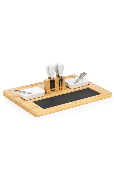 Stef's Cat Cheese Serving Top Bottom Set with Bamboo and Stone Platter, 2 Bow...