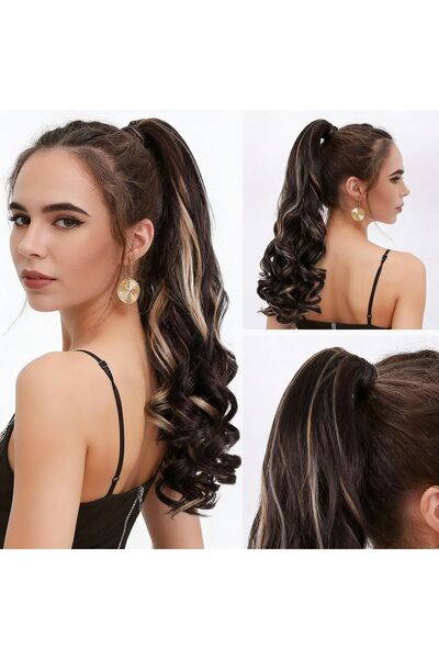 Belora Extensie de coadă de cal neagră cu șuvițe blonde