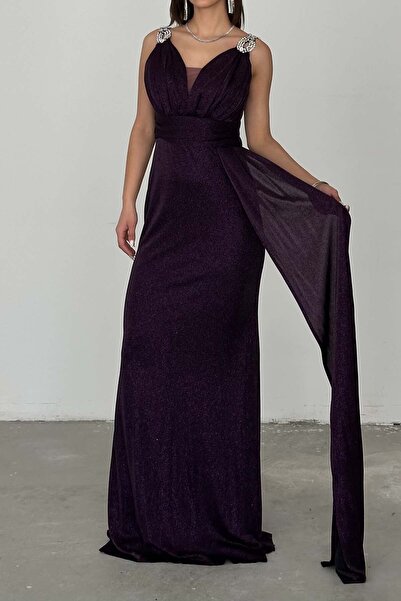 XXL BUTİK Γυναικείο Μωβ Ασημί Ύφασμα Βραδινό Φόρεμα Μεγάλου Μεγέθους ESR073