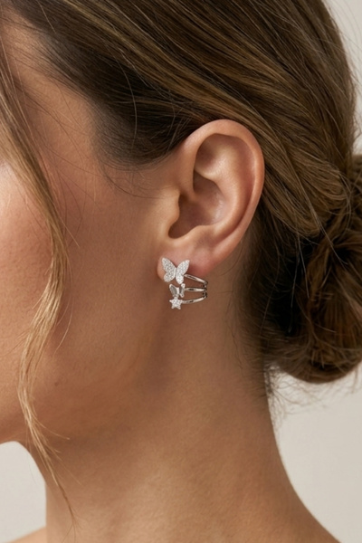 Elika Silver Kadın Sıralı Kelebek Model Üçlü Görünümlü Küpe