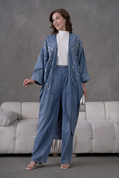 Miss Allos Γυναικείο σετ με κέντημα από παγιέτες και πέτρες, τζιν κιμονό ζακέ...