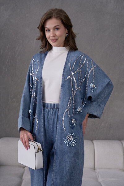 Miss Allos Kadın Önü Pul Payet Nakış İşlemeli Taş Ve İncili Kot Kimono Hırka ...
