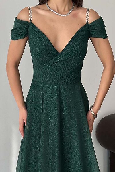 XXL BUTİK Γυναικείο βραδινό φόρεμα μεγάλου μεγέθους με σμαραγδί πράσινο λαμπε...