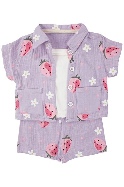 bebegen Baby Girl Lilac Pink Strawberry Patterned Muslin Shorts 3-Piece Set